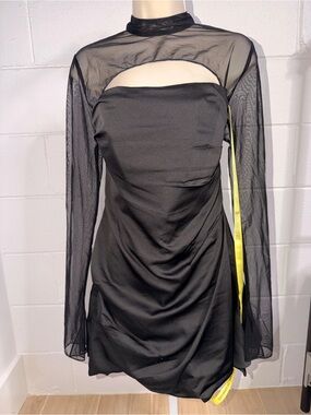 Alieva Black Mesh Yoke Long-Sleeve Mini Dress-D-02